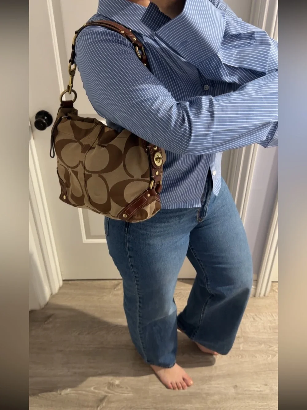 Coach Carly Signature Brown Khaki Jacquard Leather Shoulder Bag Y2K Boho